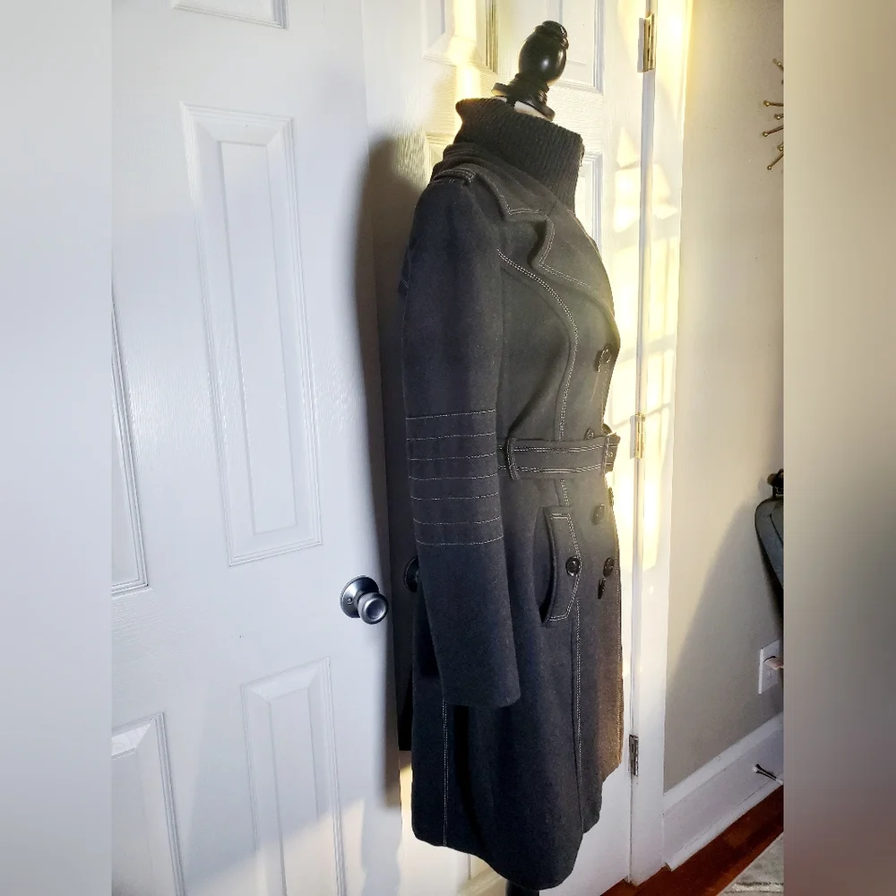 Miss Sixty Gray Wool Blend Belted Womens Coat With Ribbed Bib Collar - Picture 5 of 15